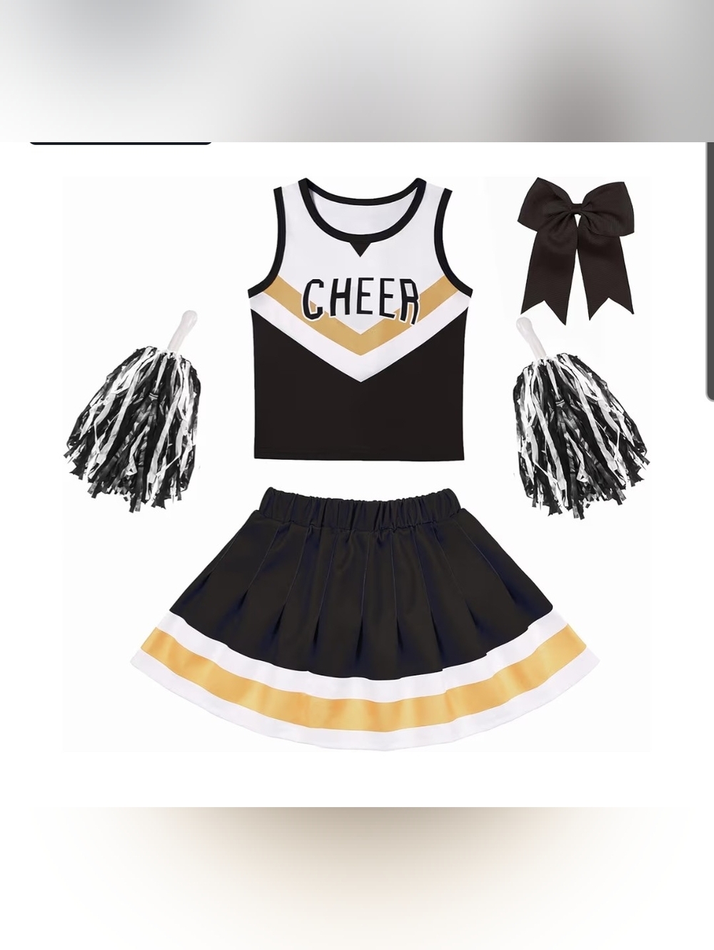 Girls Black and Gold Cheerleading Set with Pom Poms and Bow Fits 9-10 Years
